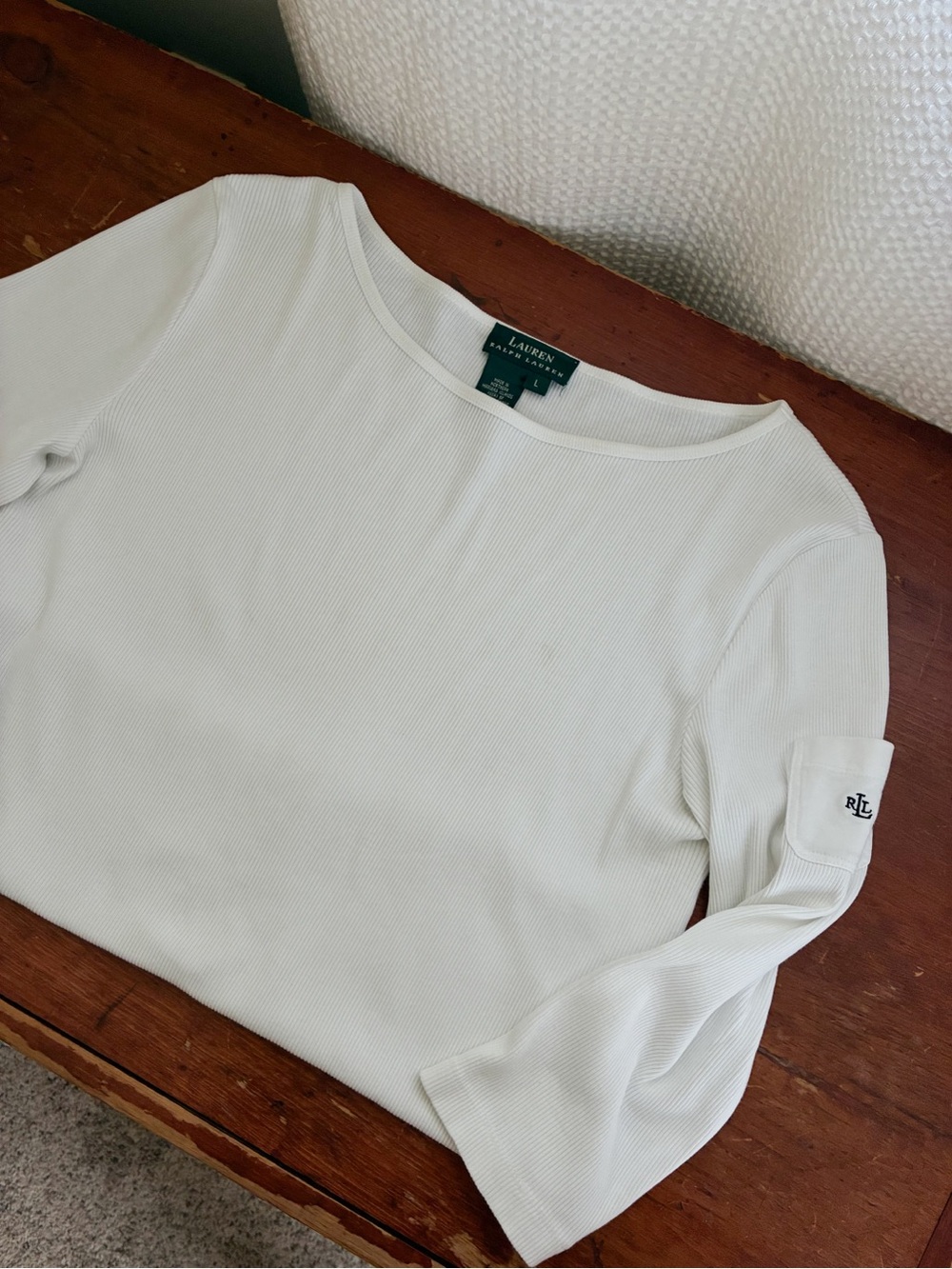 Ralph Lauren White Ribbed Boatneck Long-Sleeve Top